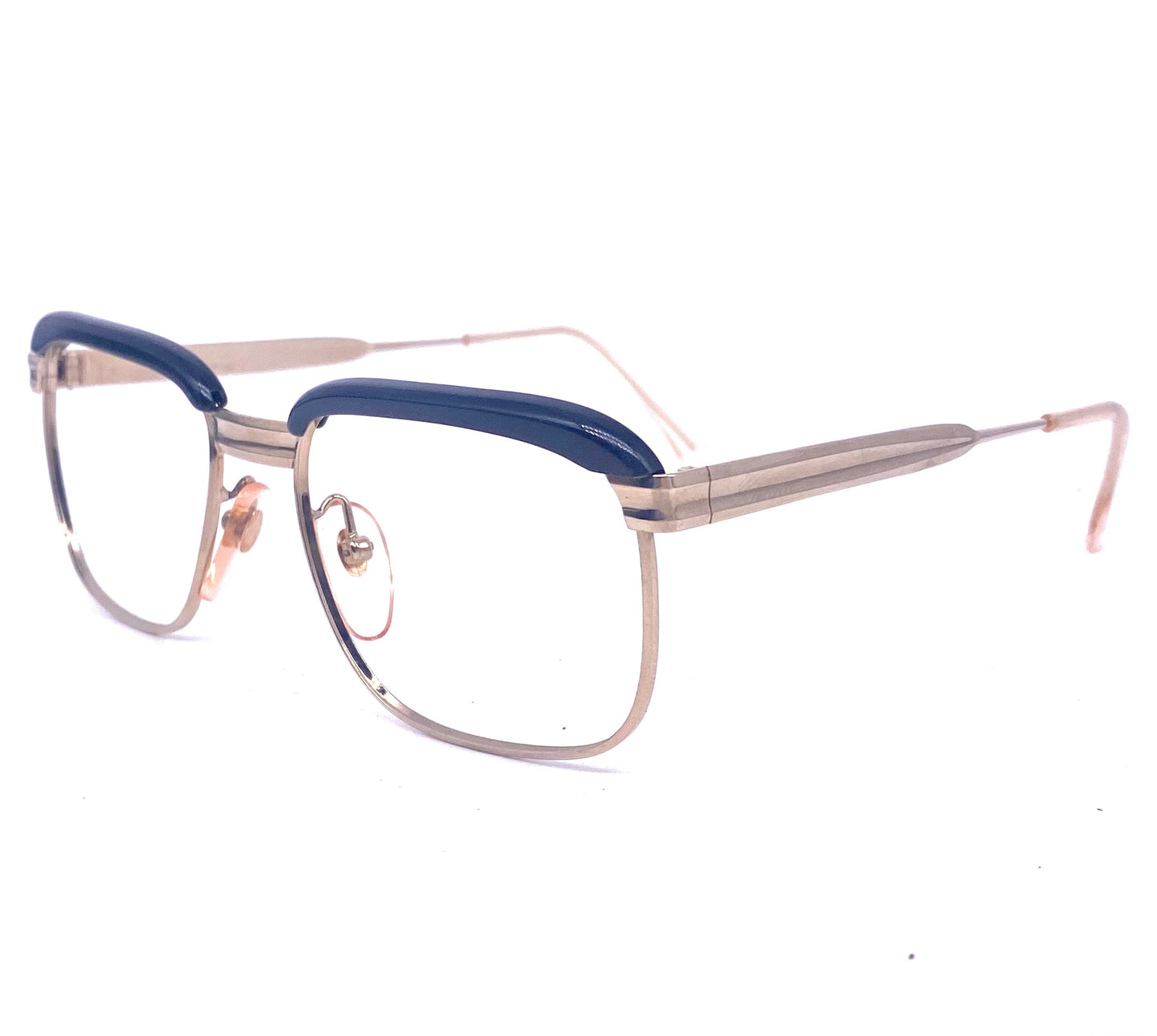 MetalVista Mario 60s iconic square gold plated black rolled brows frames, super geeky, NOS made in Italy