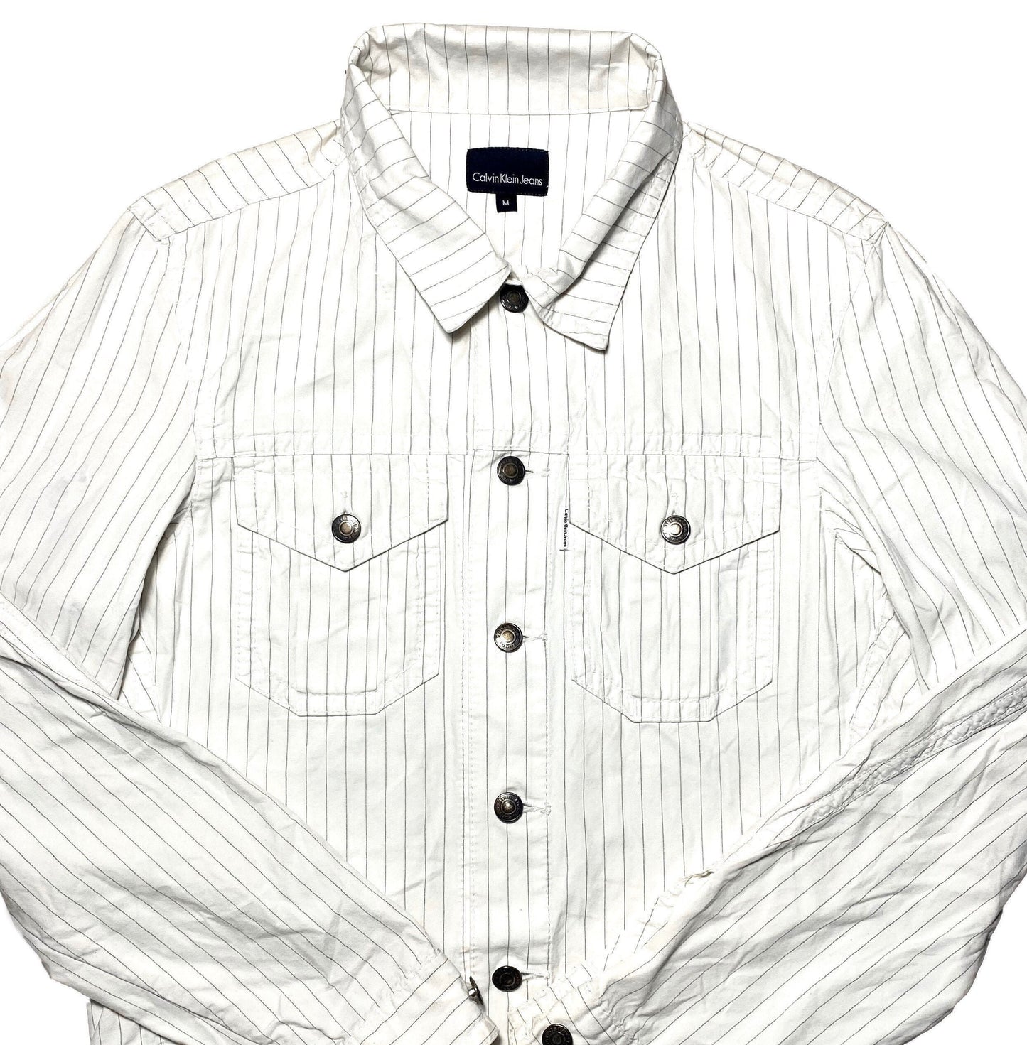 Calvin Klein white cotton trucker w pinstripe allover sz M, minty