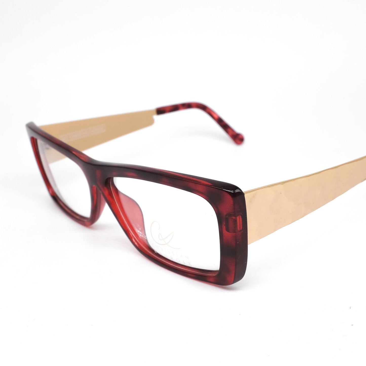 Christian Lacroix 7343 square red tortoise frames w thick hammered golden metal temples, NOS 80s France
