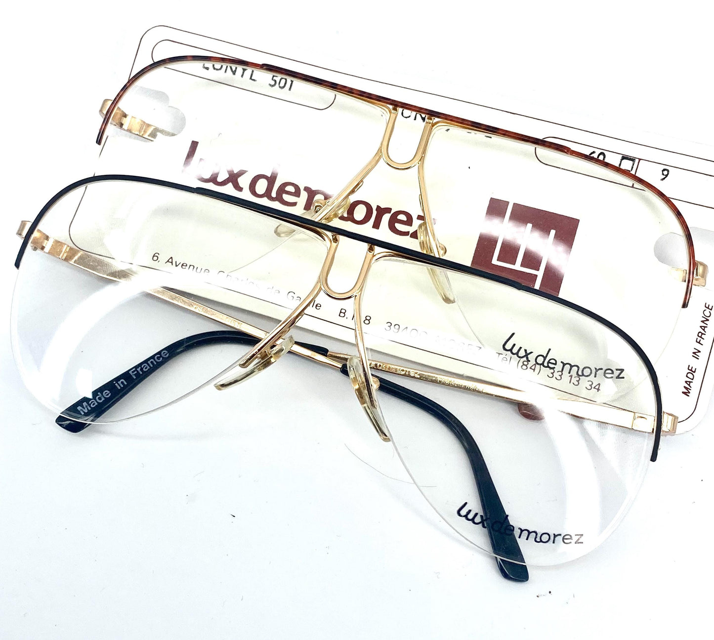 Lux De Morez avant-garde golden metal aviator frames made in France, NOS 80s 2 variants