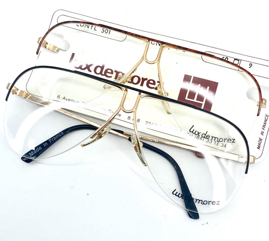 Lux De Morez avant-garde golden metal aviator frames made in France, NOS 80s 2 variants