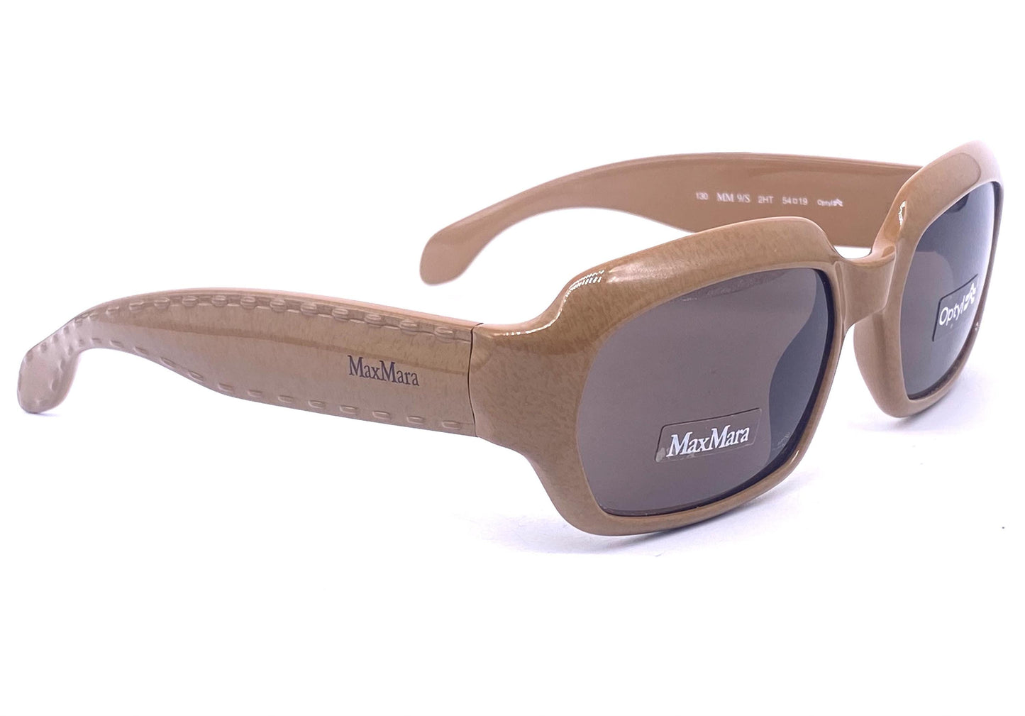 MaxMara fancy beige thick square Optyl sunglasses, temples w embossed stitches detail 90s NOS