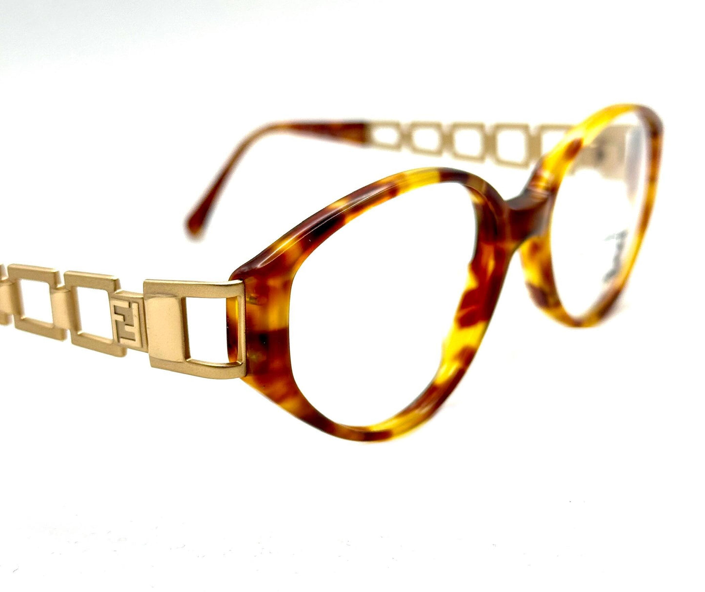 Fendi 7536 iconic cutoff chain temples tortoise cateye frames hand made in Italy, 90s NoS