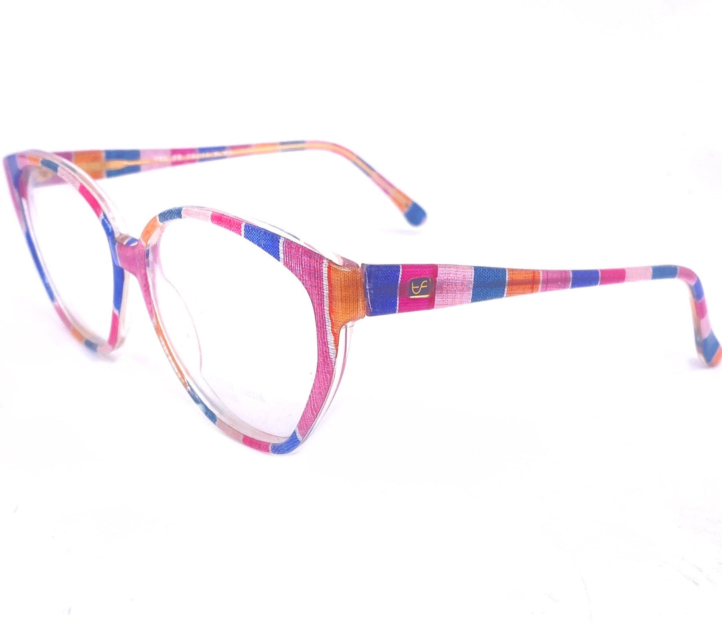 Tom Ferra colorful translucent cateye glasses w real striped silk fabric inlaid, NOS 80s Germany