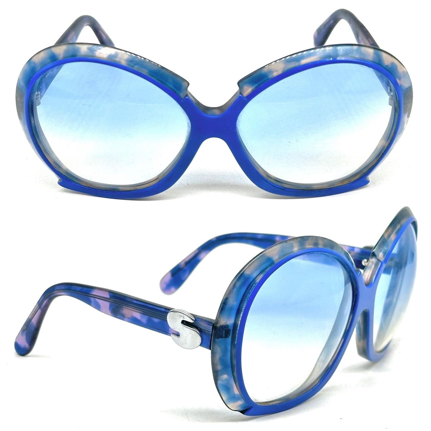 Silhouette 585 oversize Blue Tortoise/Polished Blue oval sunglasses quality celluloid frame and stylish round shapes, 1980s NOS Austria