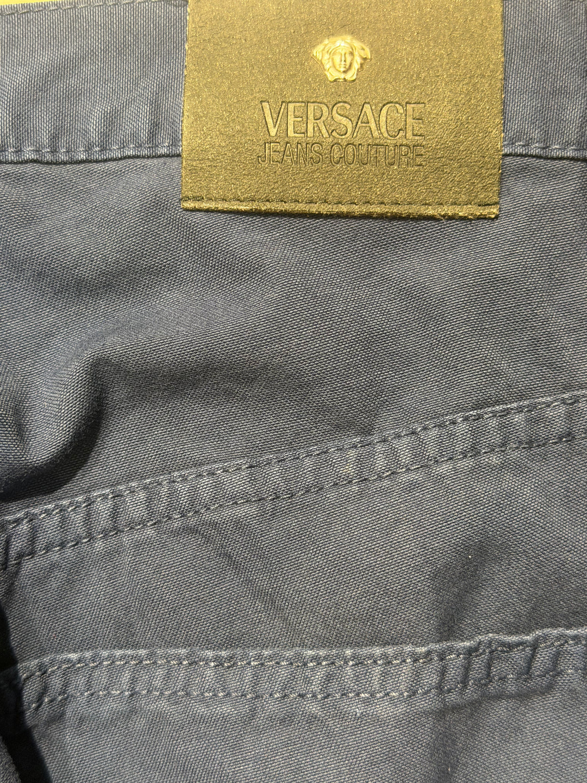 Versace Jeans Couture BNWT blue cotton capri cargo trousers w Medusa buttons, sz 28 & 30 available.