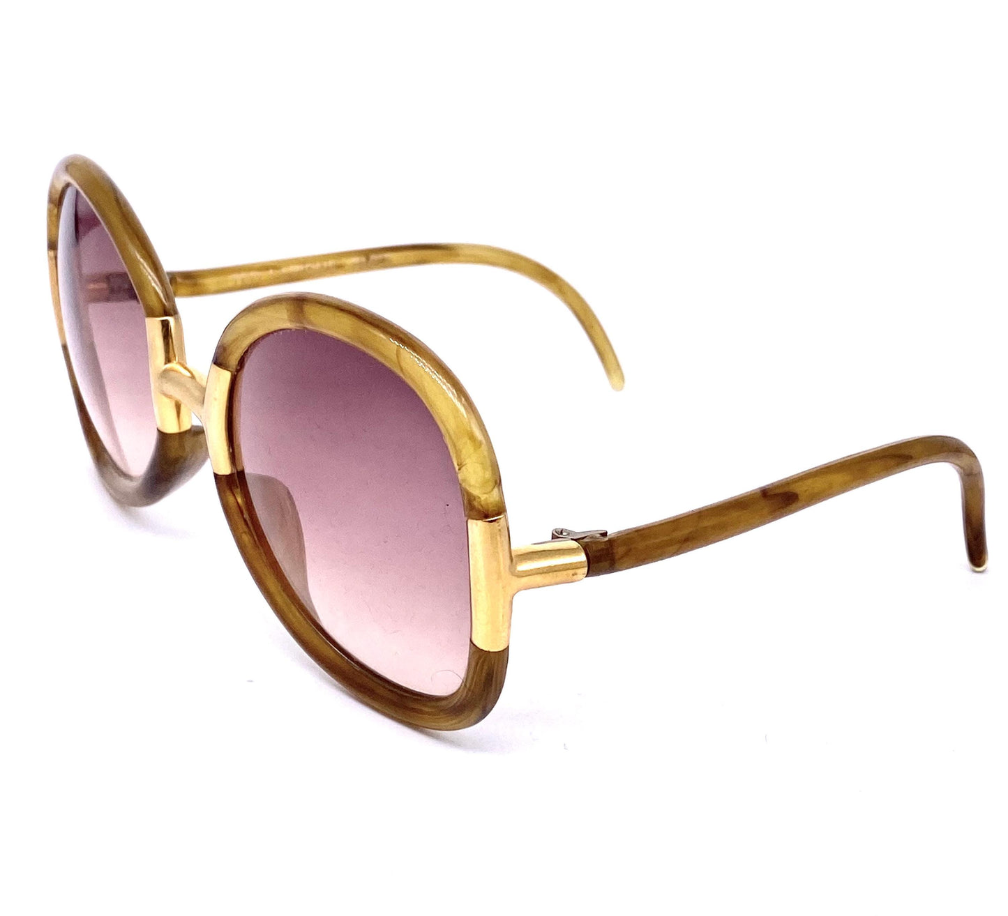 Ted Lapidus Paris amber/gold round oversized sunglasses hand made in France, 70s NOS