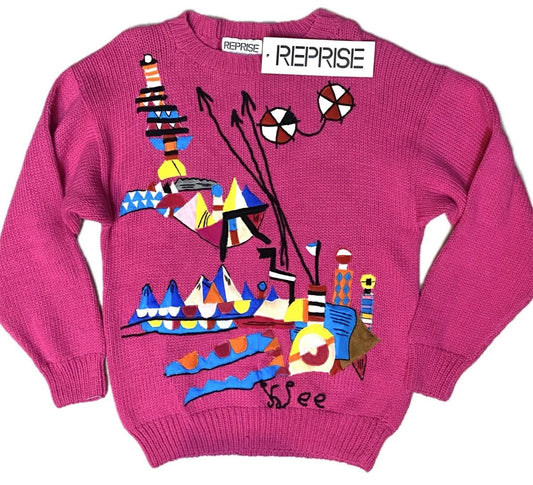 Reprise Paul Klee tribute cotton knit jumper w hand made embroidery, new with tags 80s NOS