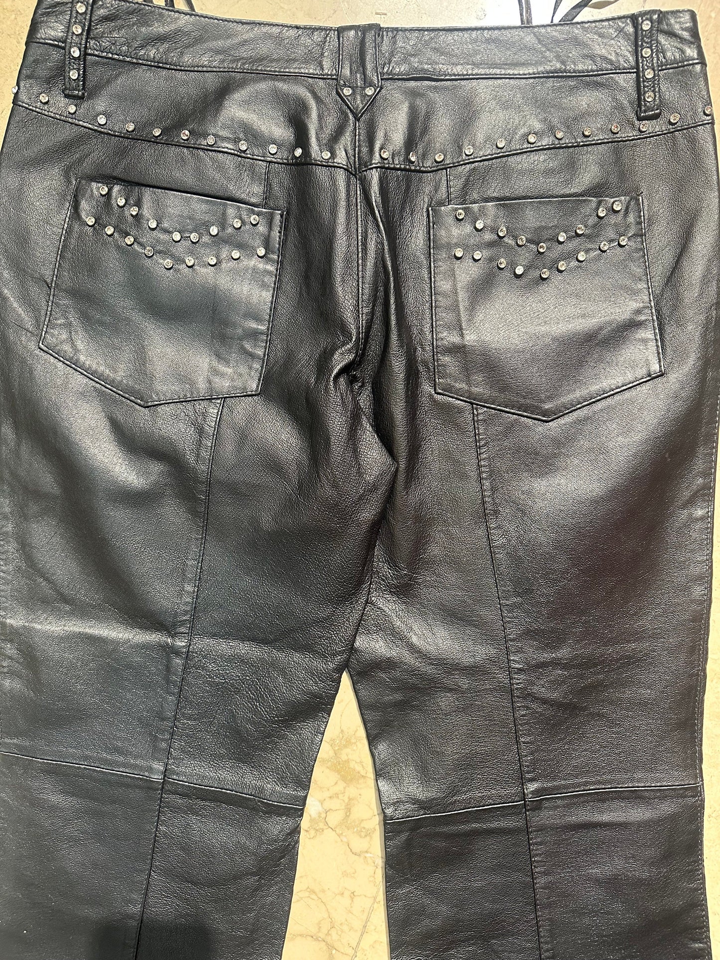 Rocking Black real leather trousers w/ Svarowsky studs, made in Italy 90s sz 33