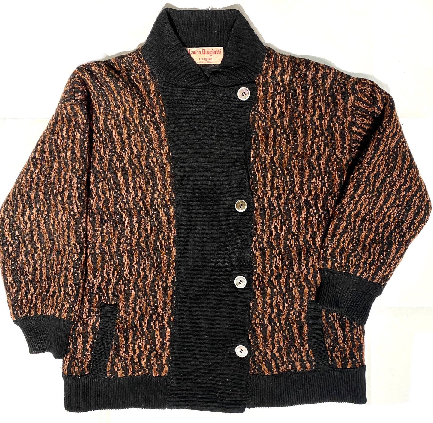 Laura Biagiotti brown/black zebra pattern wool knitted jacket w quilted lining, mint sz M