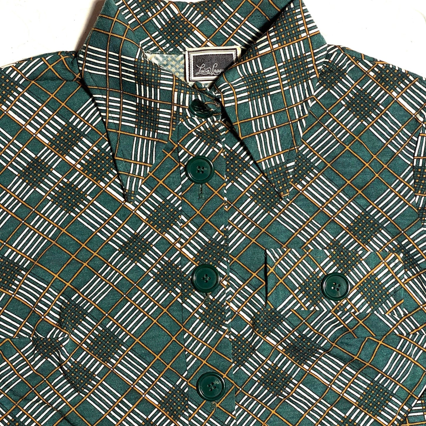 Luisa Spagnoli 70s green checks cotton blouse with beagle collar and chest pocket, mint sz 44