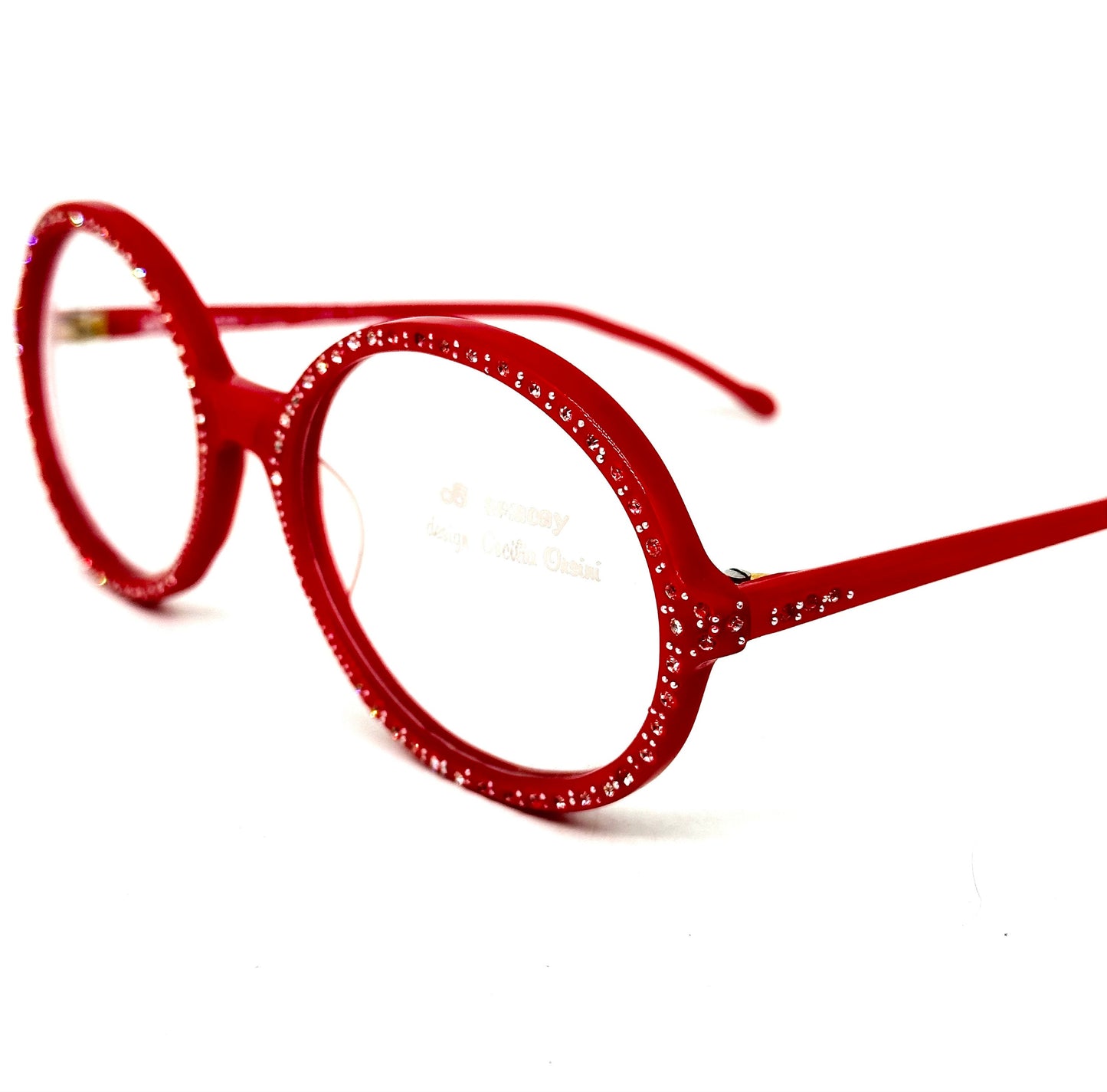 C. Orsini Armony round red eyeglasses fully set with rhinestones, hand made in Italy NOS 80s