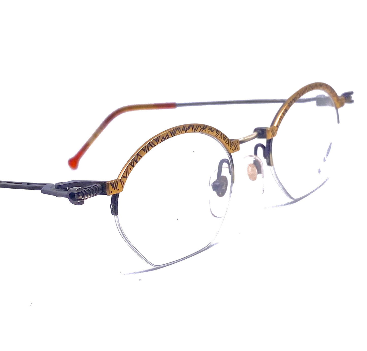 No Limits 8345 oval steampunk half rim eyeglasses w- abstract printed rims and active spring hinges, NOS 80s