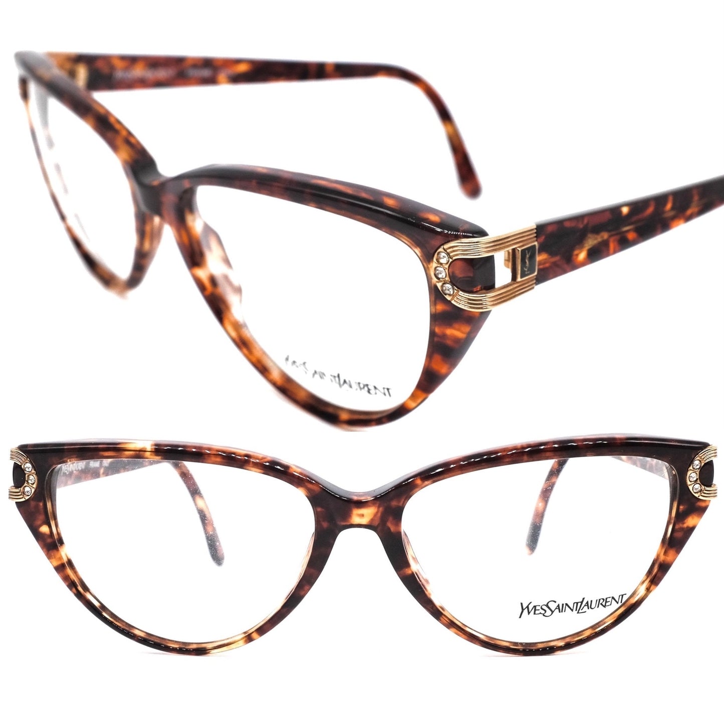 YSL Saint Laurent  5006 brown tortoise acetate cateye eyeglasses with cut off hinges design enriched with rhinestones, 80s nos Italy
