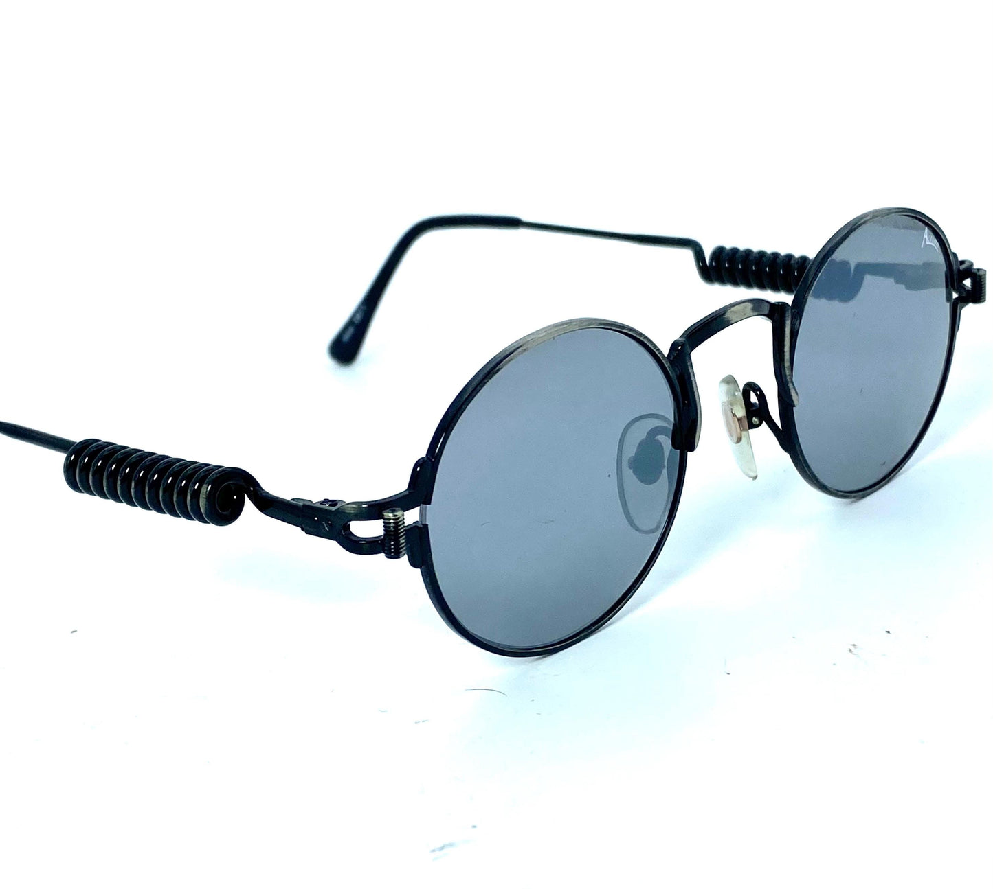 Florence Action 2871 round steampunk sunglasses w mirrored lenses, in gunmetal w spring-spiral temples , NOS 80s