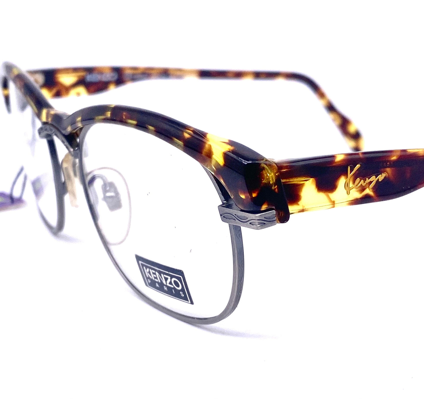 Kenzo Jazz K059 rectangular carved gunmetal frames w avant-Garde tortoise browline, 80s NoS France