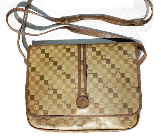 Cute 70s beige checkered waterproof canvas monogram bag, unknown Italian brand, mint.