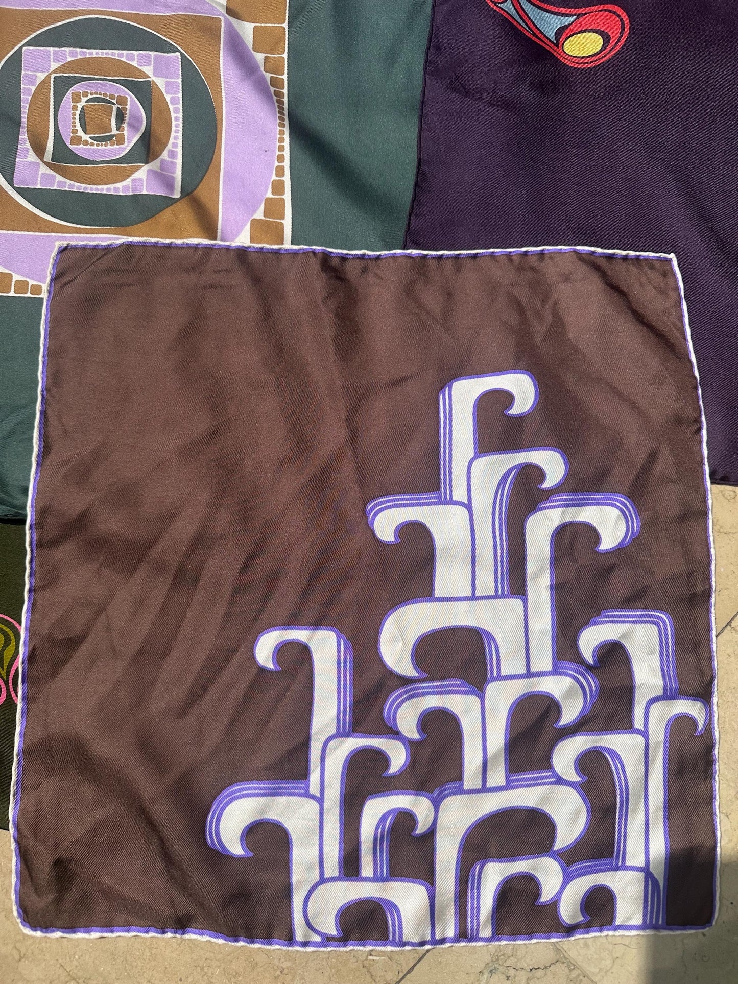 Lot of pure silk pocket squares / handkerchiefs w hand sewn borders, iconic abstract designs, 1970s NOS