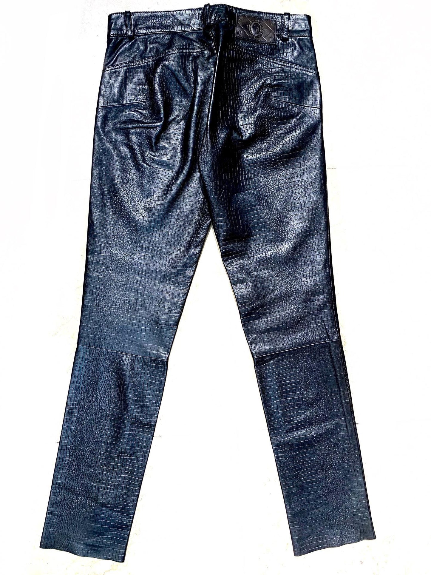 Trussardi luxury black alligator print lambskin leather trousers made in Italy, sz 42 ITA - 28 US