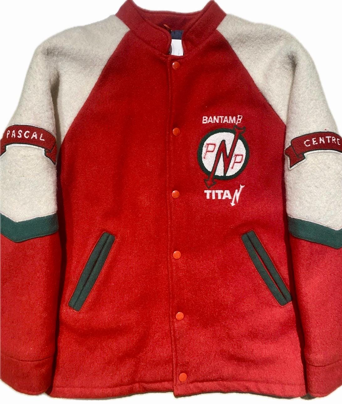 BantamB Titan red-Whire-Green winter wool varsity jacket sz L, great condition