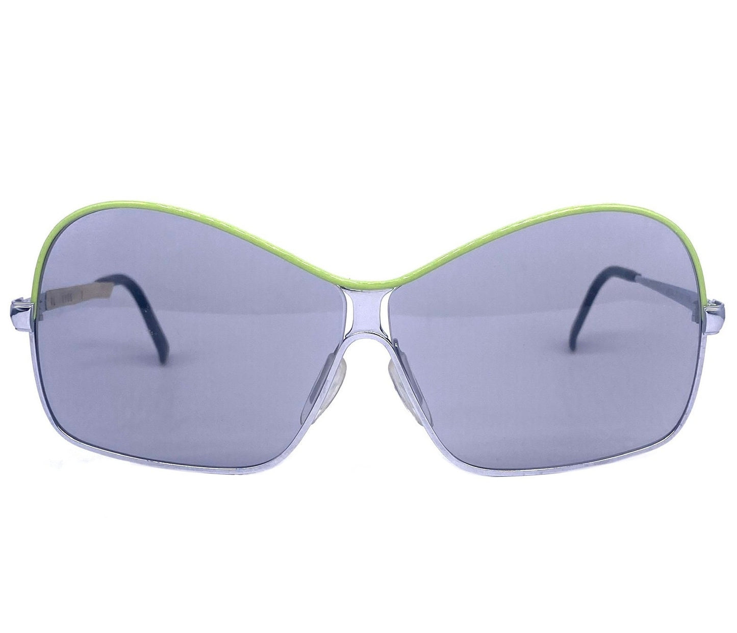 Viennaline 1106 oversized silver metal sunglasses w wavy brows enameled in orange or acid green, NOS 70s Mint