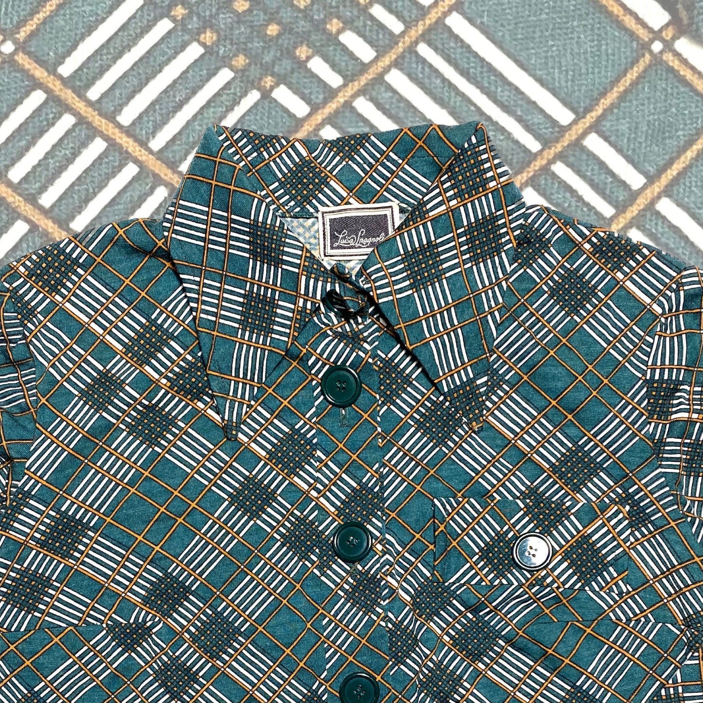 Luisa Spagnoli 70s green checks cotton blouse with beagle collar and chest pocket, mint sz 44