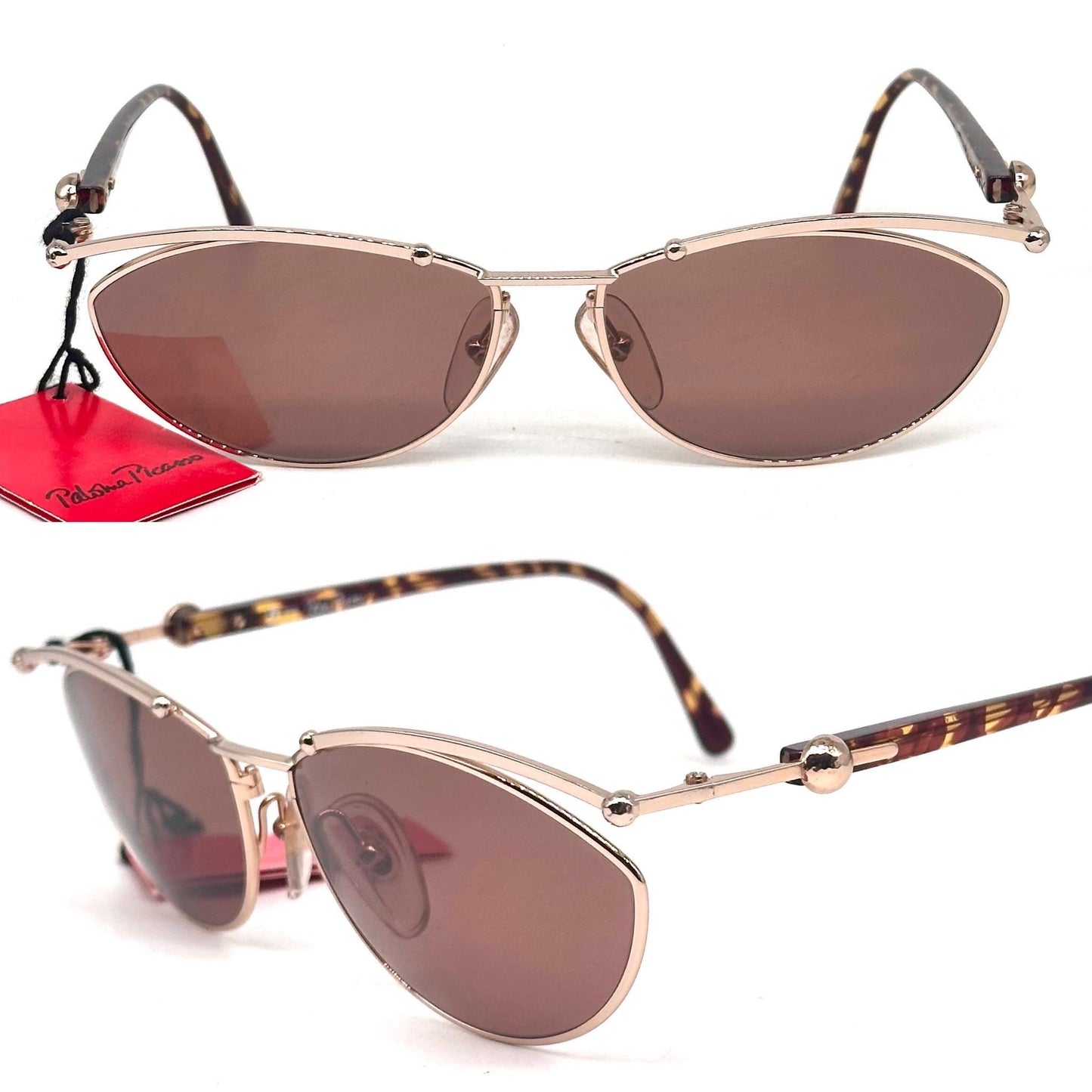 Paloma Picasso 3778 gold frame sunglasses with spheres details and spotted yellow and brown temples 80s NoS