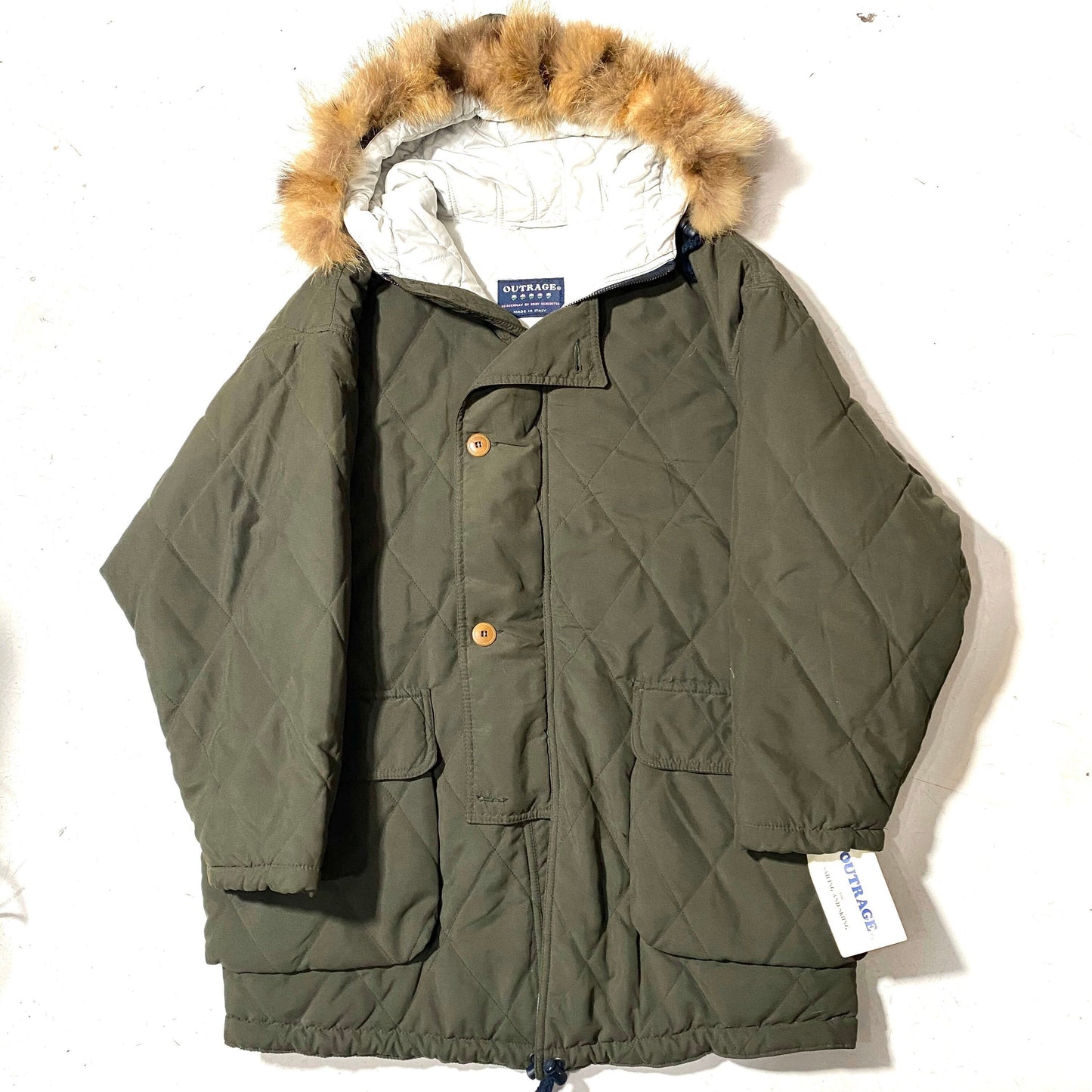 Outrage military green matelassè-quilted parka coat w fur hoodie, 1980s NOS with tags, mint