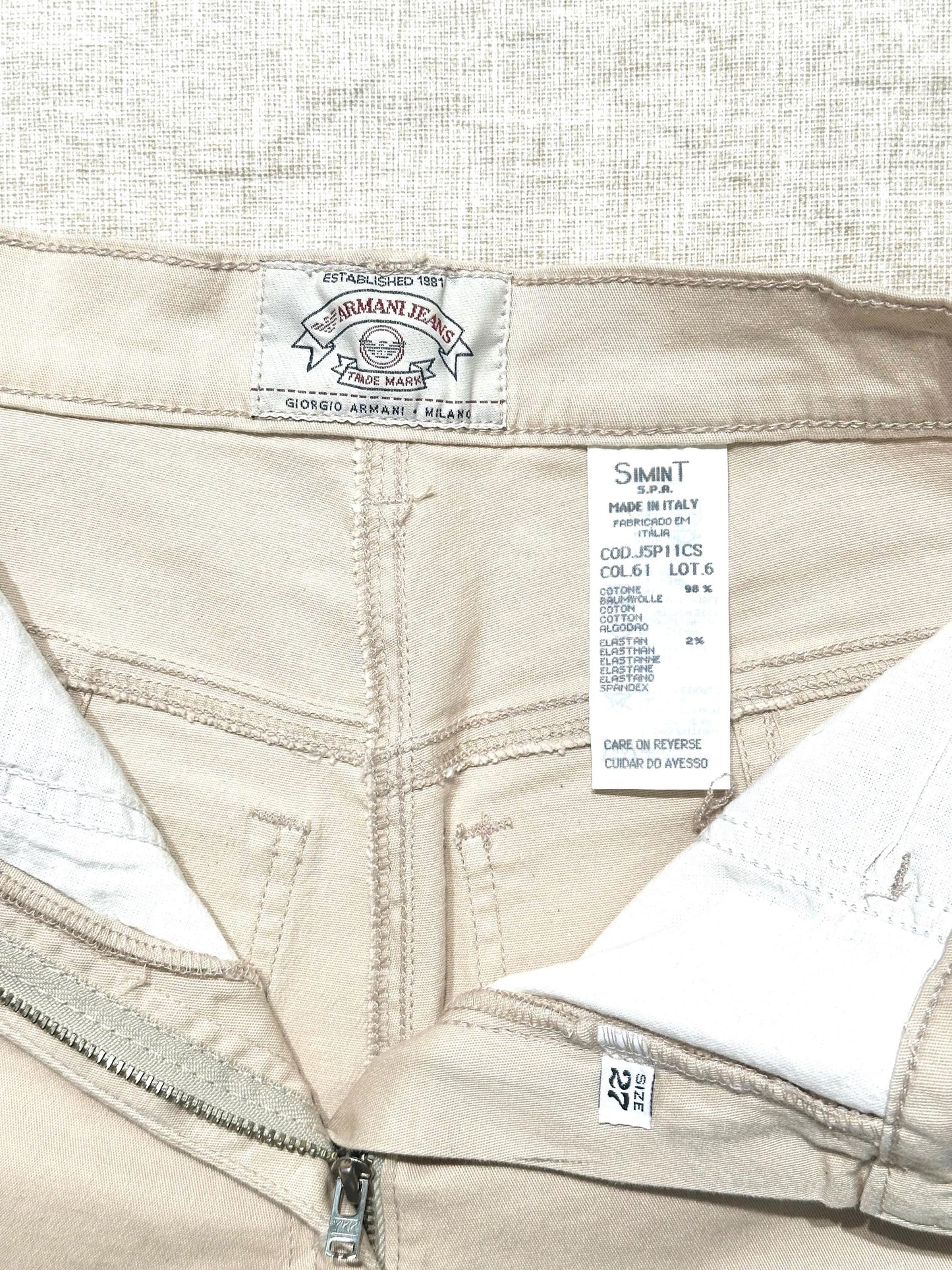 Armani Jeans Sand Beige Cotton SS Pant size 27 NWT 90s