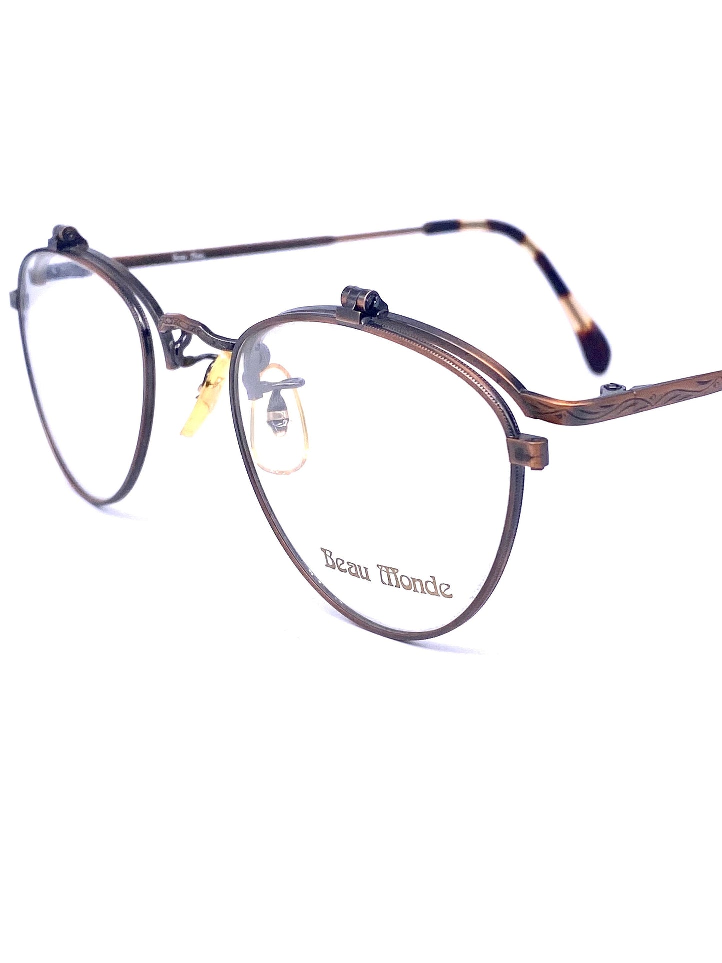 Beau Monde Yorkshire round antiqued copper flip-up eyeglasses frames, super hip piece made in Japan 80s NOS