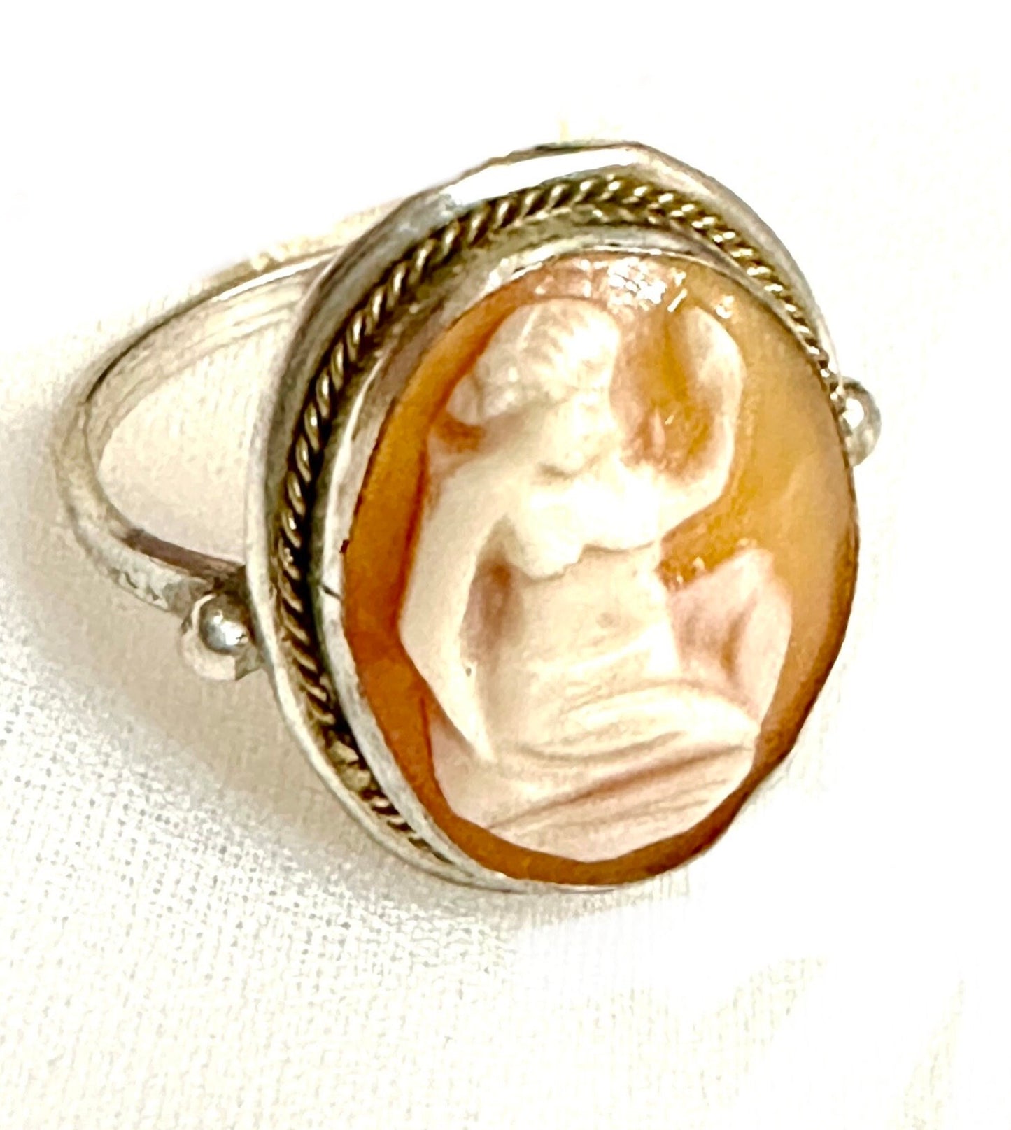 Antique Silver cameo ring w hand carved coral - Shell female figure / Greek Goddess, New from deadsrock
