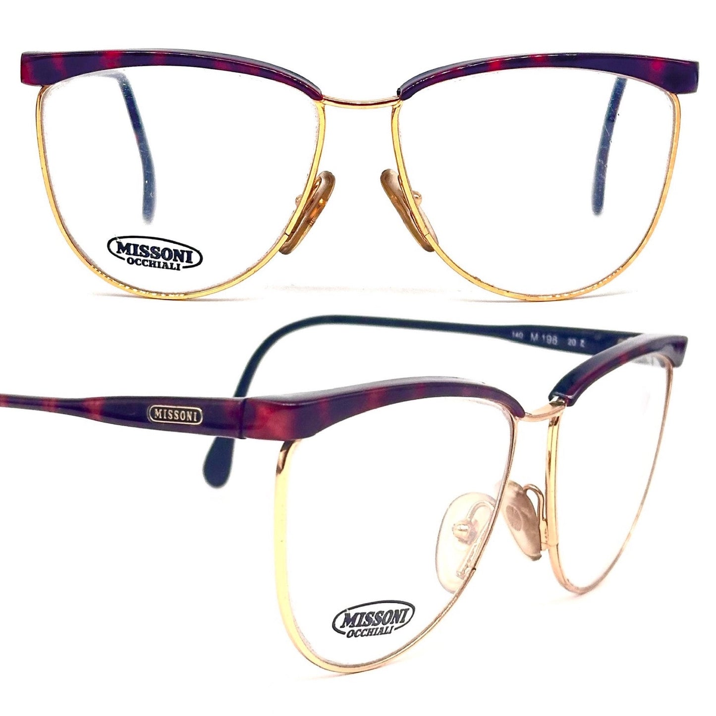 Missoni M198 gold - tortoise cateye clubmaster style glasses frames hand made in Italy, 80s NOS