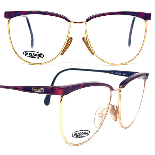 Missoni M198 gold - tortoise cateye clubmaster style glasses frames hand made in Italy, 80s NOS