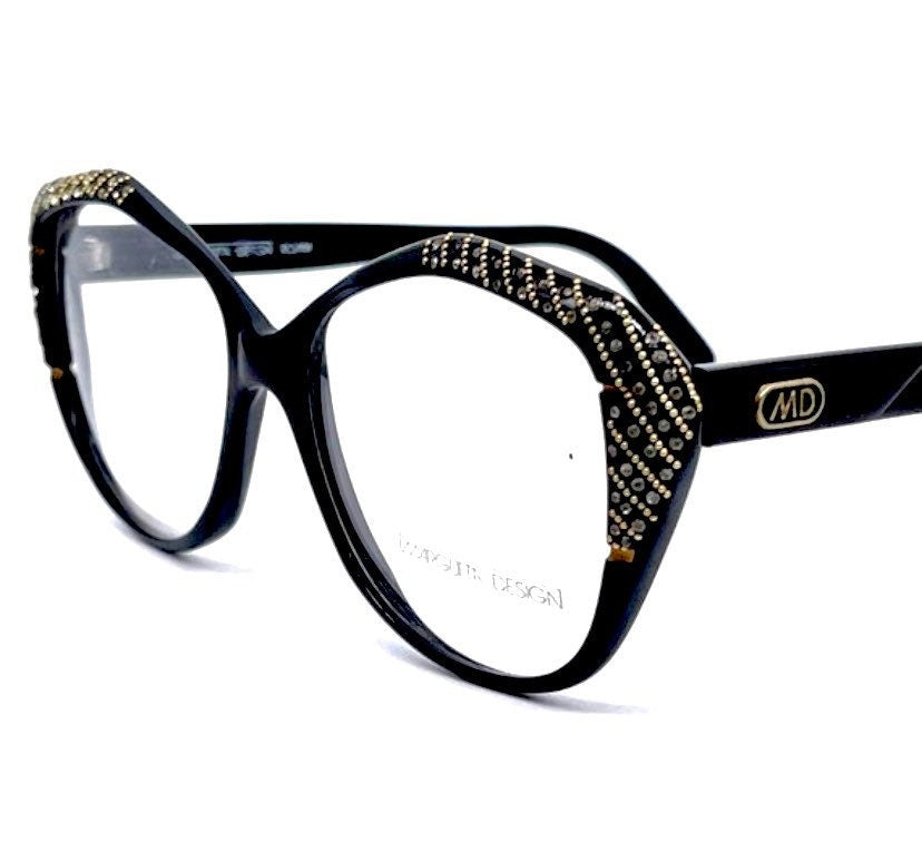 Margutta 1970s luxurious black oversized Sunglasses adorned with rhinestones, New Old Stock