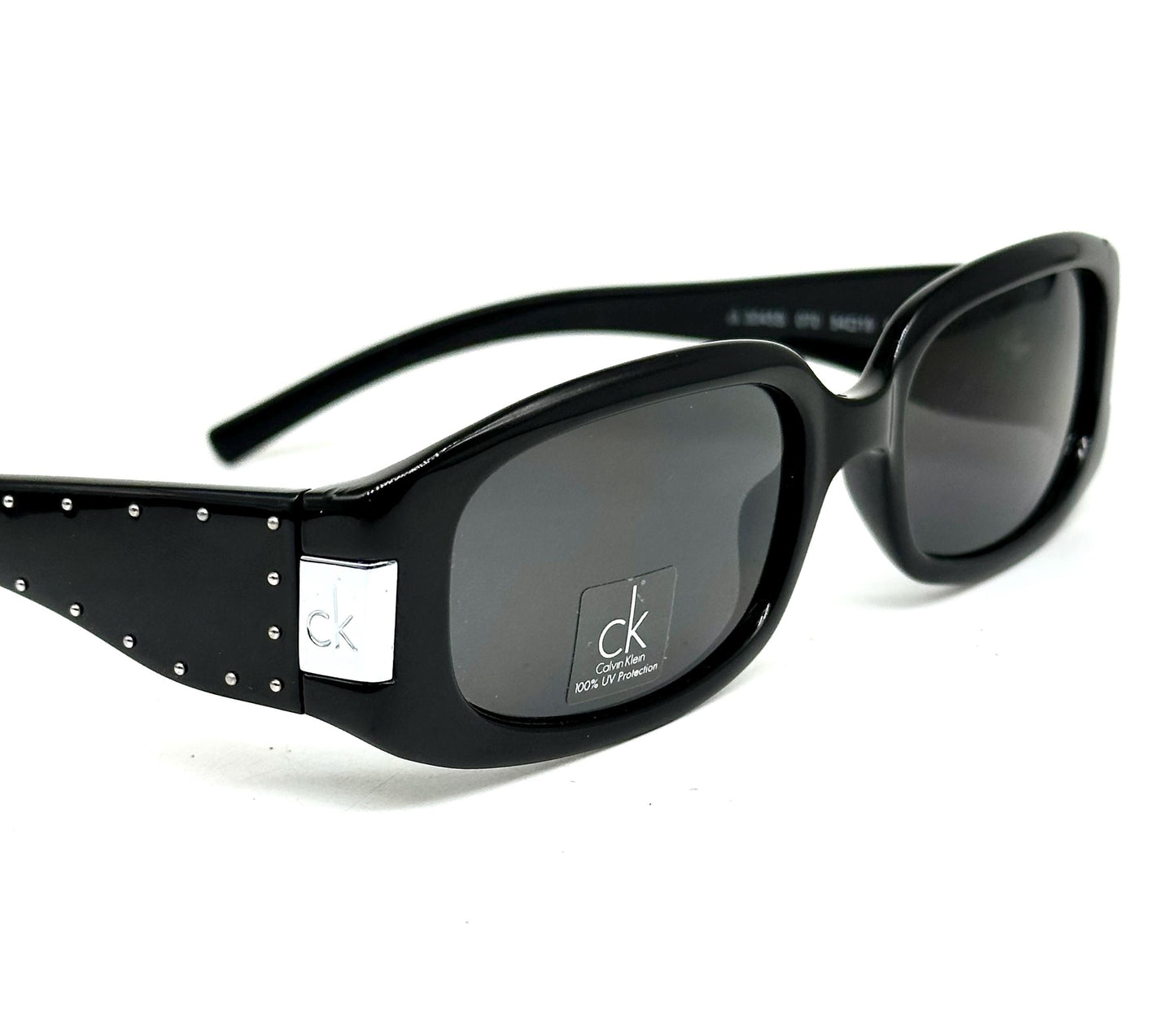 Calvin Klein 3045 sunglasses,  black gloss wrap frames w silver metal studs & branded hinge, NOS