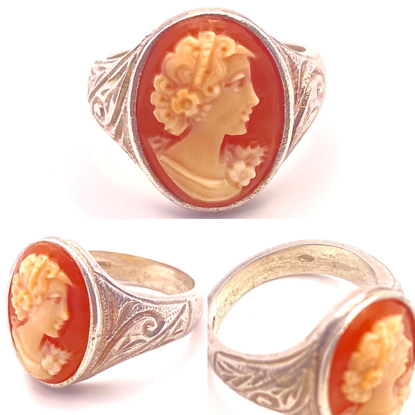 Victorian lady & flowers shell-coral cameo on a classic signet 925 silver decó style ring; classic Italian jewelry NOS 50s