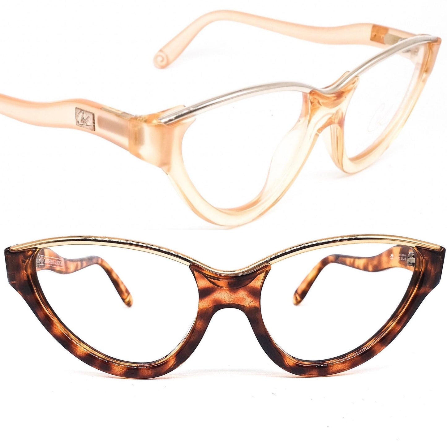 Christian Lacroix 7304 designer cateye frsmes with wavy gold browline, 80s nos Germany; 2 colors