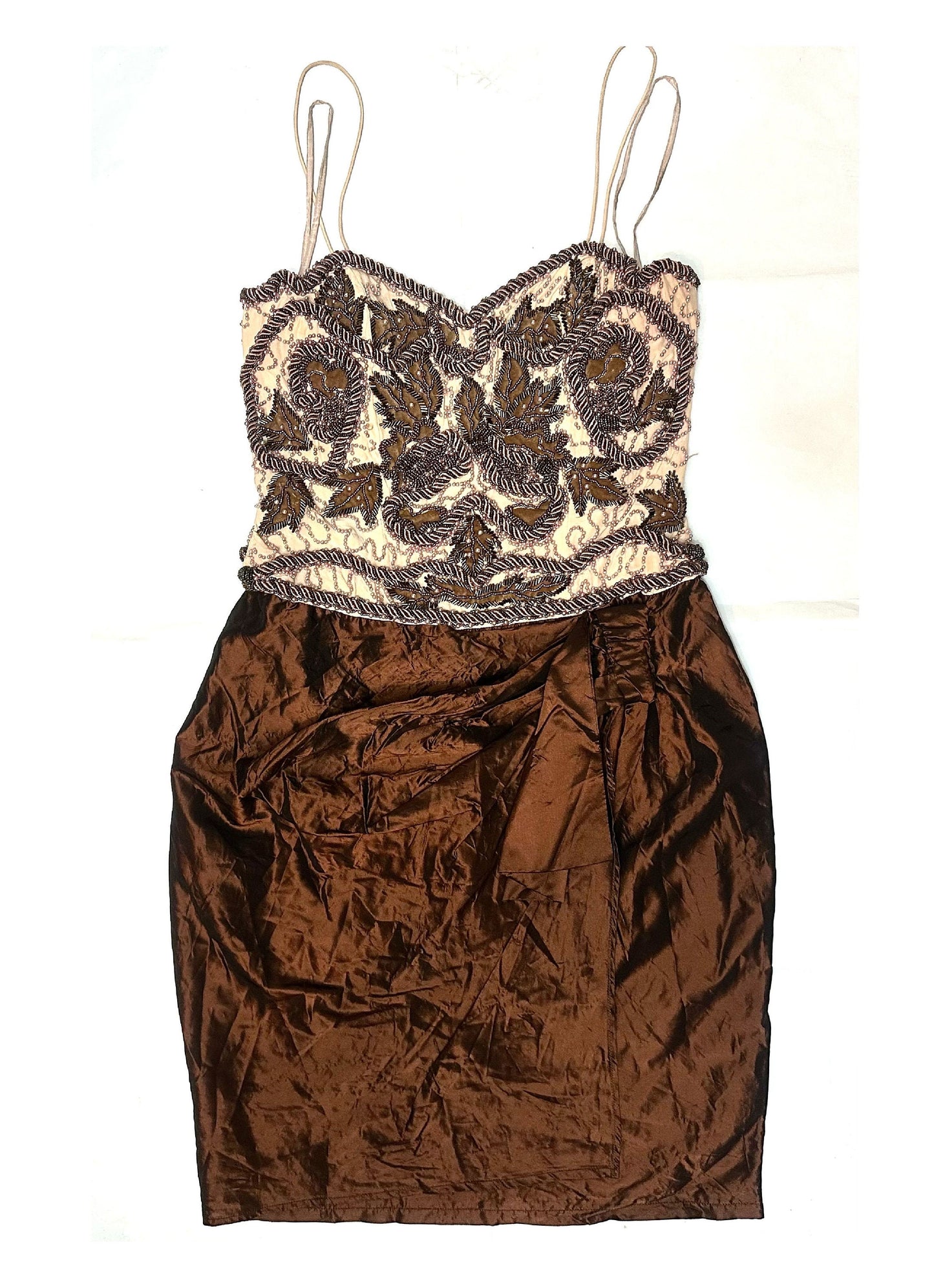 Gorgeous copper/pink tones hand embroidered pure silk dress made in India, 80s sz M