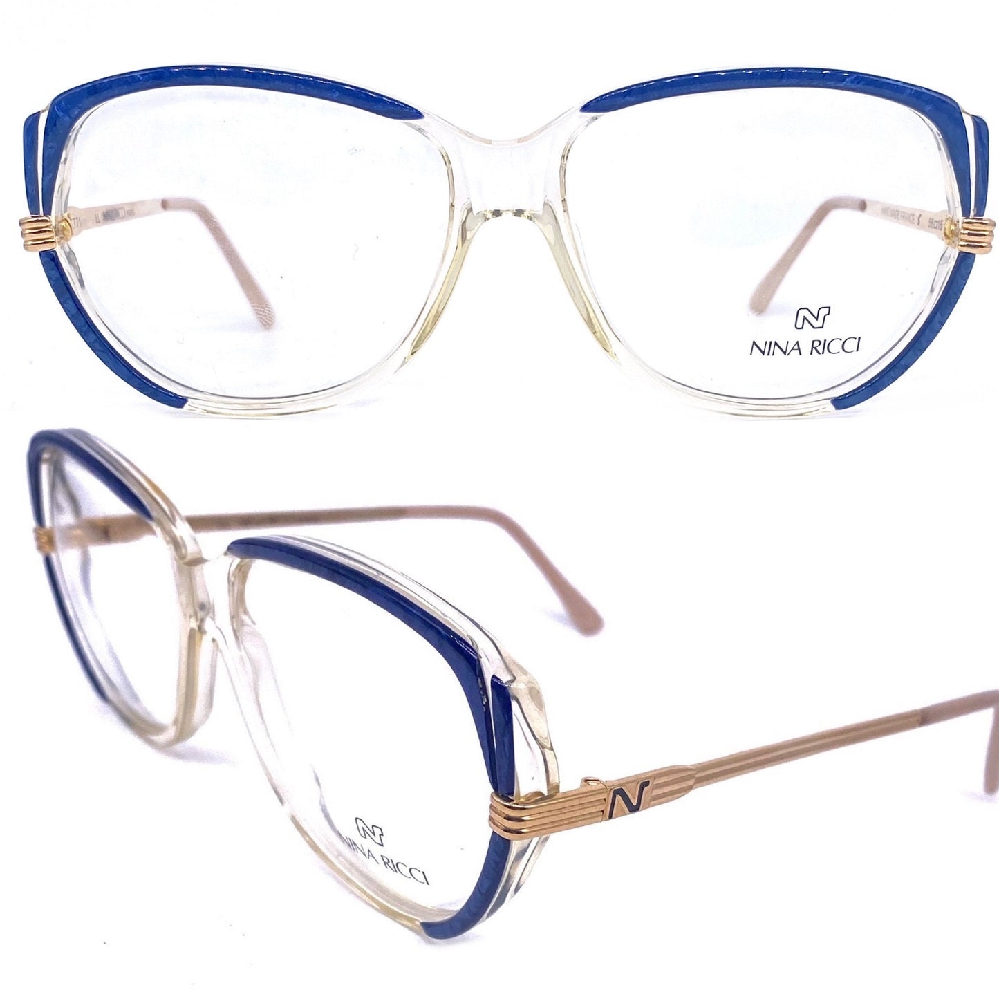Nina Ricci square oversized blue-gold eyeglasses frames hand made in France in the 80s, gorgeous and minty