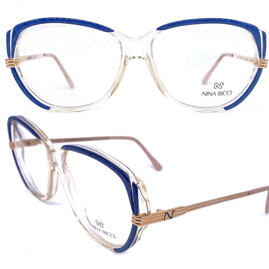 Nina Ricci square oversized blue-gold eyeglasses frames hand made in France in the 80s, gorgeous and minty