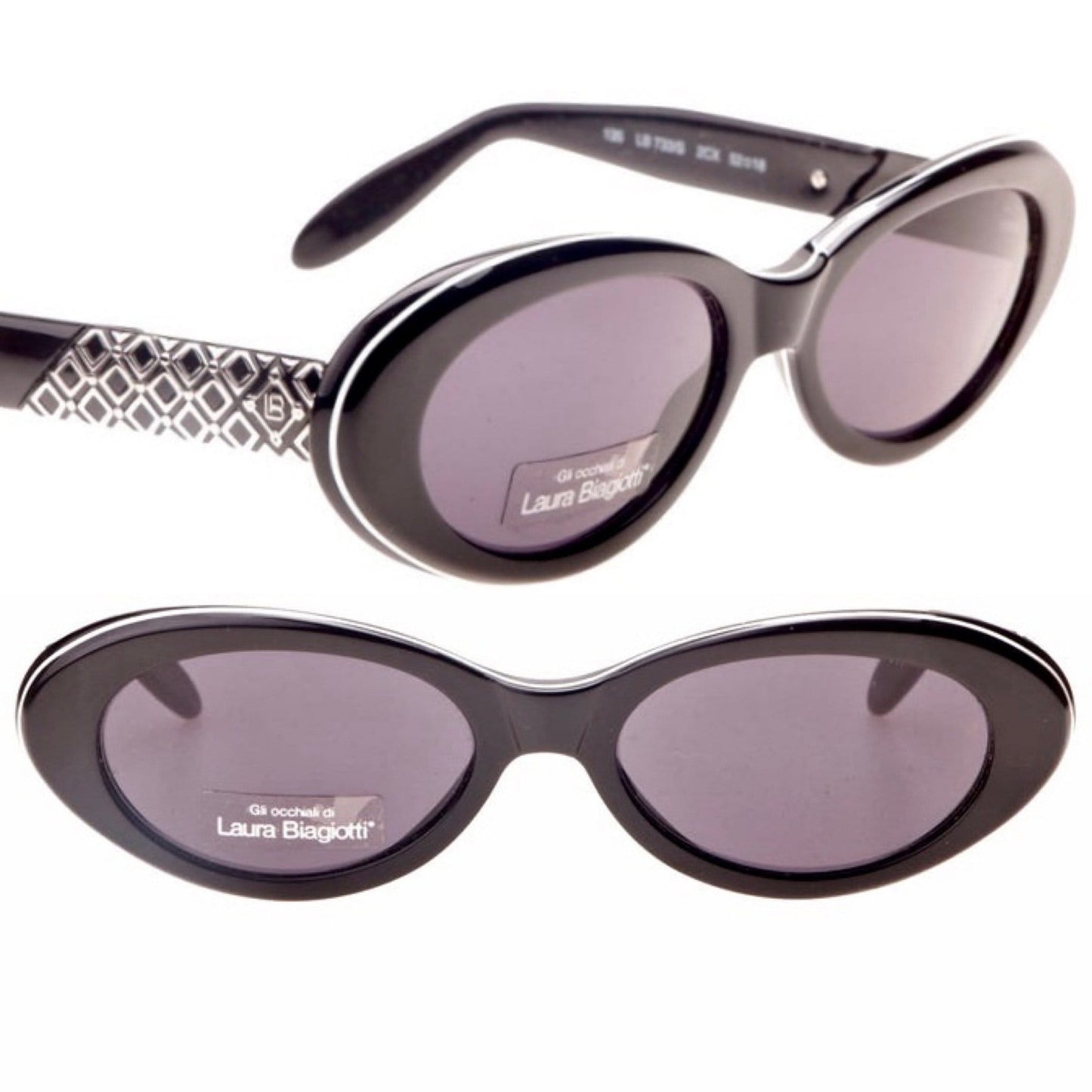 Laura Biagiotti black oval ladies sunglasses w gorgeous carved silver metal inserts, NOS 90s Italy