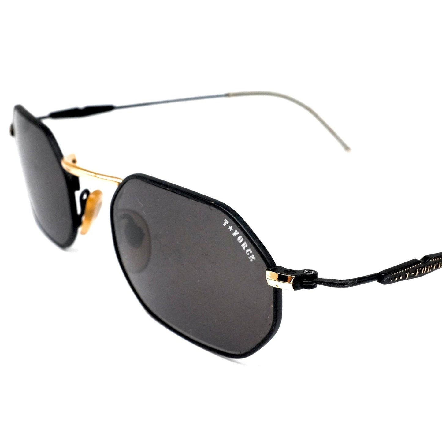 T force MIG 3 031 sunglasses with hexagonal black lenses in minimal design black metal frames with golden nose bridge NOS made in italy
