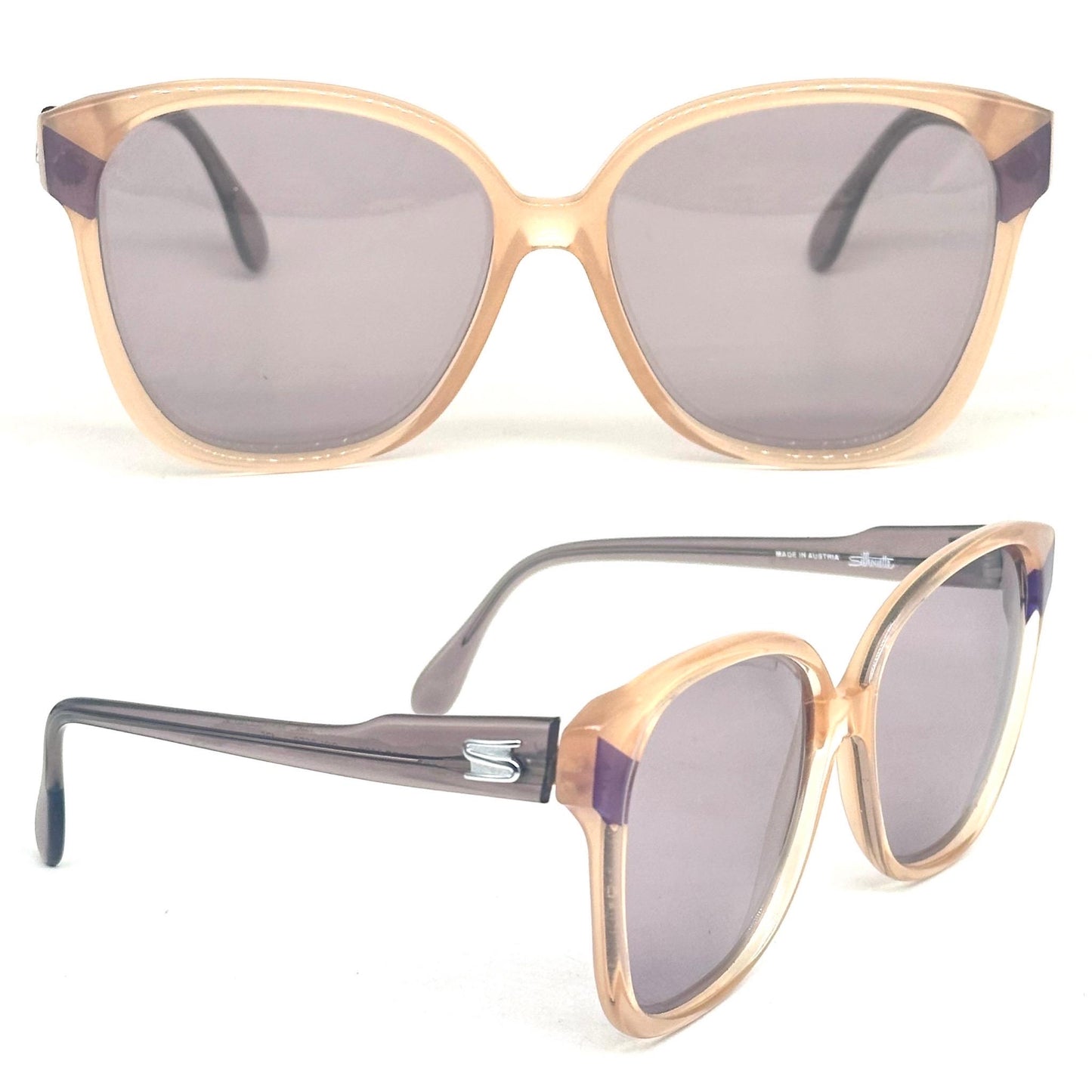 Silhouette 3023 cream and purple clear oversized sunglasses with purple diagonals on the sides, 1980s NOS Austria