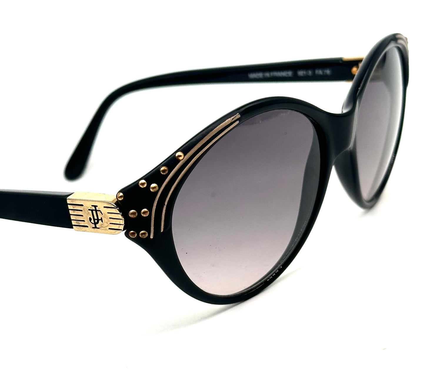 Jacques Fath black -gold oval Cateye sunglasses w 2 detail variations, NOS 80s France