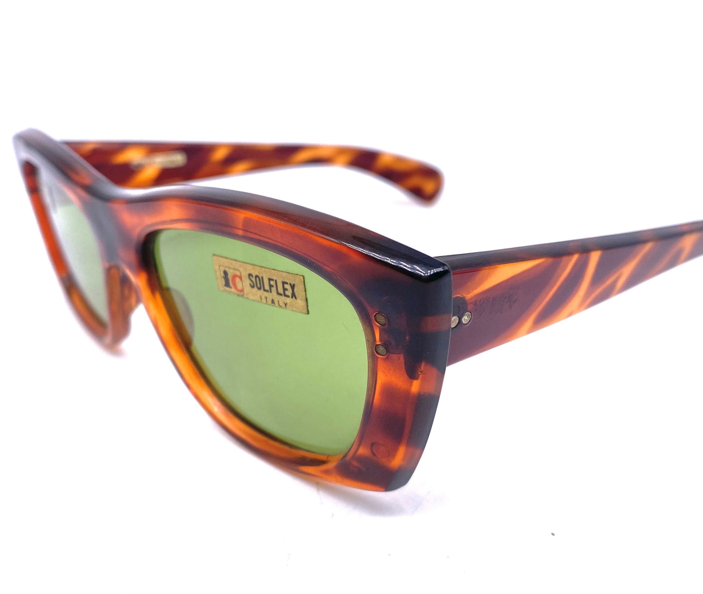 1960s Solflex square oversized tortoise sunglasses with green crystal lenses, NOS Italy
