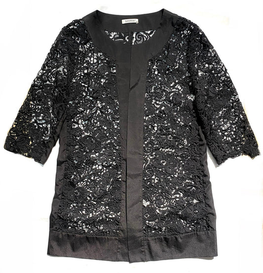 Elisa Landri sexy black silk + laces 3/4 sleeve overcoat, mint condition 1990s Italy