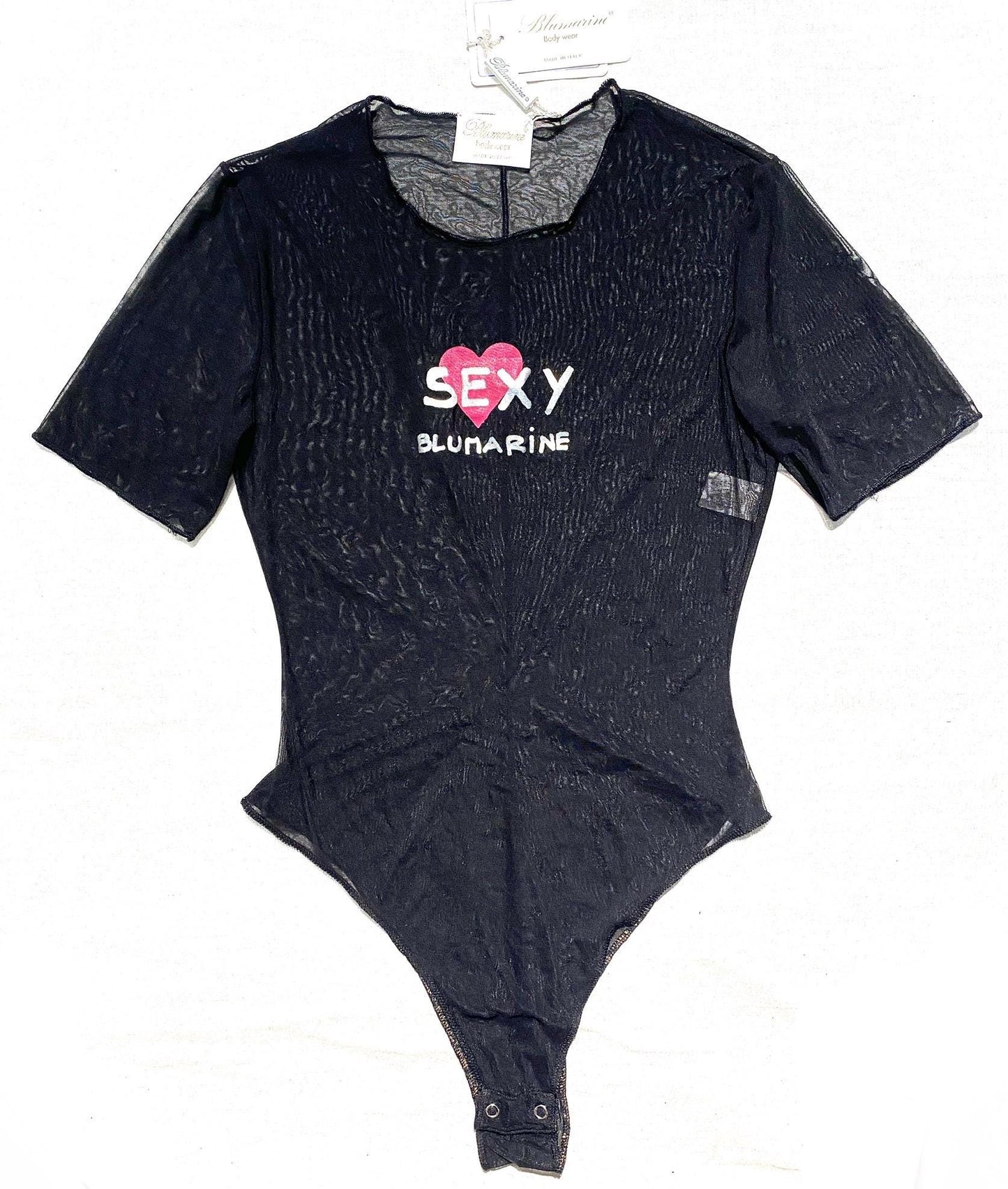 Blumarine black Lycra bodysuit, translucent & shiny fine mesh fabric w iconic “Sexy Blumarine” heart print, NOS 90s BNWT