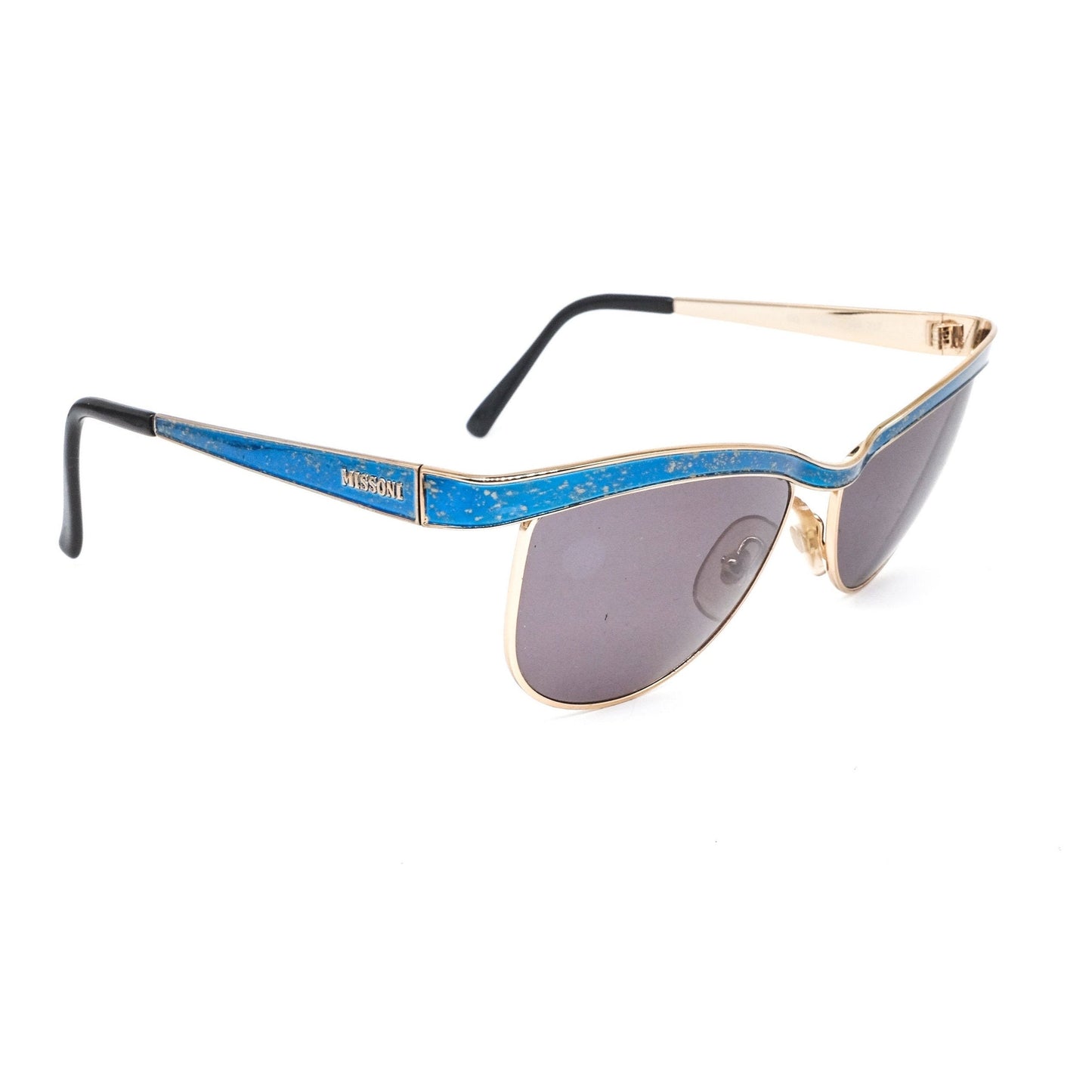 Missoni metallic cateye sunglasses with thick blue browline crafted in satin gold. 90s NOS Italy