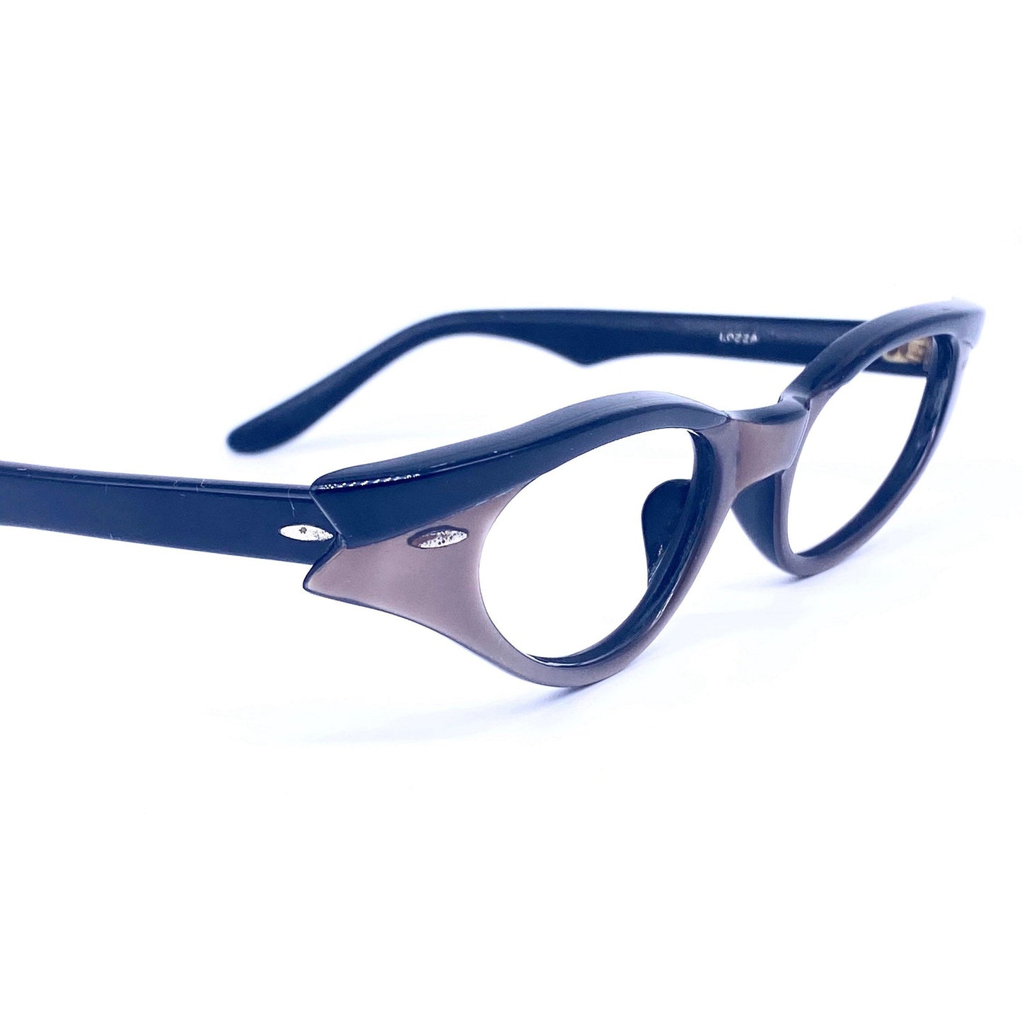 Lozza Dafne elegant bicolor copper / black pin-up cateye eyeglasses frames hand made in Italy, 1950s NOS