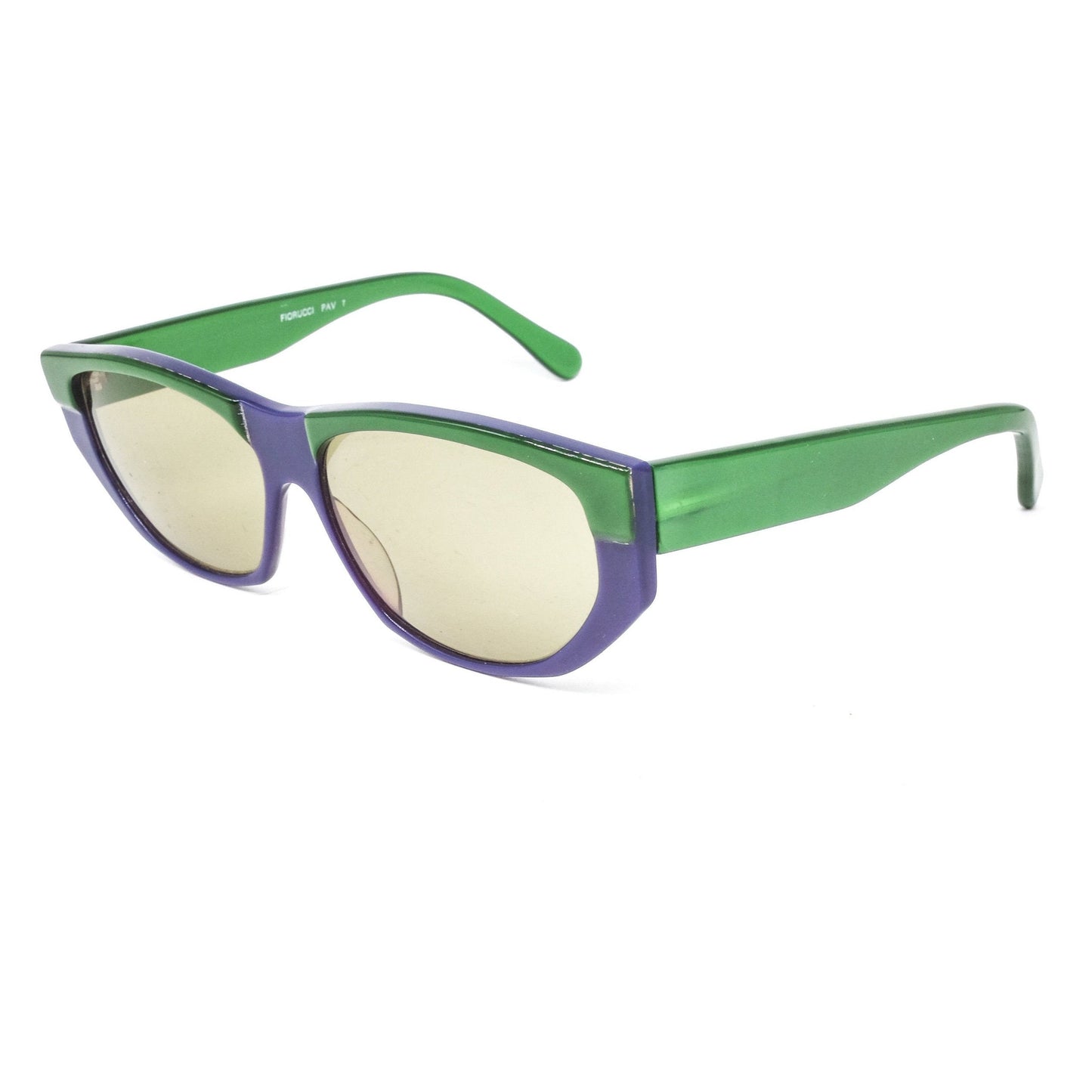Fiorucci Metalflex unusual green purple acetate sunglasses with light green lenses, 1960s NOs